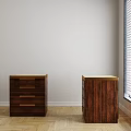Dark Wood Bedside Tables With Light Patterned Top In Room Corner Near Window 3d model