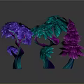 Vibrant Cartoon Scene With Purple Teal Pink Leaf Trees Curved Trunks