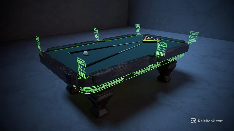 Pool Table With Green Felt Surface Neon Edge Markers Cues And Balls In Indoor Space 3d model 
