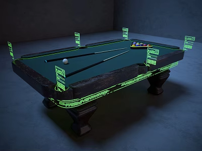 Pool Table With Green Felt Surface Neon Edge Markers Cues And Balls In Indoor Space 3d model