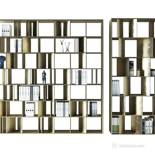 Modern Bookcase With Golden Frame Open Shelves Holding Books And Decorative Items 3d model 