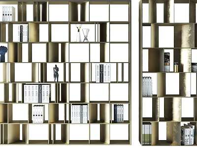 Modern Bookcase With Golden Frame Open Shelves Holding Books And Decorative Items 3d model