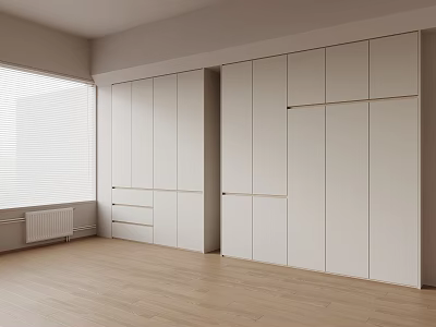 Modern White Built in Bookcase in Minimalist Room With Wooden Floor 3d model