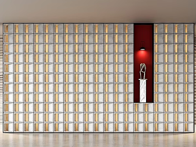 Modern Interior Partition Design With Glass Blocks Geometric Patterns Red Accent Light And Decorative Sculpture 3d model