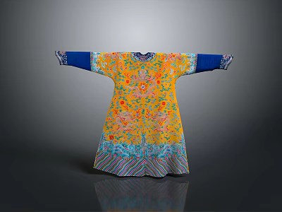 Model Wearing Yellow Traditional Robe With Blue Cuffs And Intricate Floral Patterns 3d model
