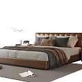 Brown Leather Headboard Double Bed With Pillows Blanket Nightstand And Rug 3d model
