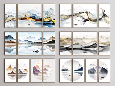 Modern Ink Wash Landscape Paintings With Multiple Panels And Abstract Mountain Elements 3d model