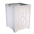 Dark Brown Wooden Garden Planter With Vertical Slats And Ornate Metal Design