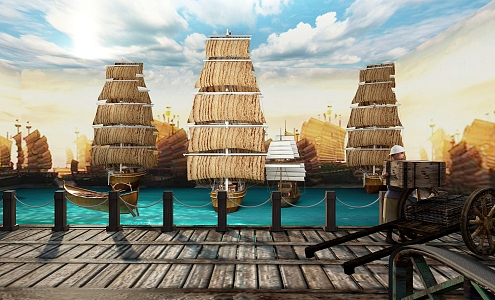 Dock Arcade Guangzhou Retro Street Sailing Ancient Antique 3d model