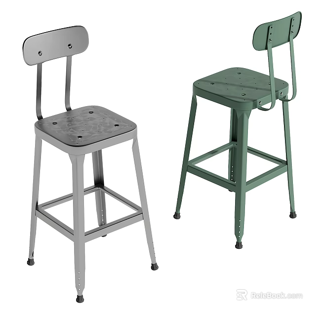 Two Metal Bar Stools with Backrest in Silver and Green Simple Design 3d model