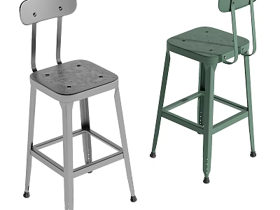 Two Metal Bar Stools with Backrest in Silver and Green Simple Design 3d model