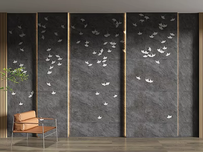 Gray Sofa Background Wall With White Bird Decorations Orange Chair And Green Plant 3d model