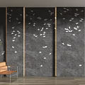 Gray Sofa Background Wall With White Bird Decorations Orange Chair And Green Plant