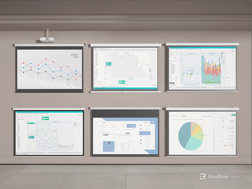 Projection Monitoring System With Multiple Screens Displaying Data Charts And Analytics 3d model 