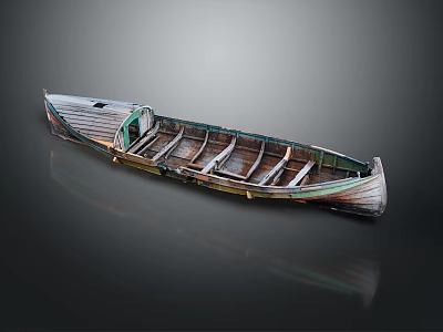 Vintage Wooden Boat With Brown Hull Green Trim And Reflection On Smooth Surface 3d model