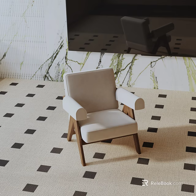 Leisure Chair With Light Beige Upholstery Wooden Legs Armrests And Geometric Rug 3d model 