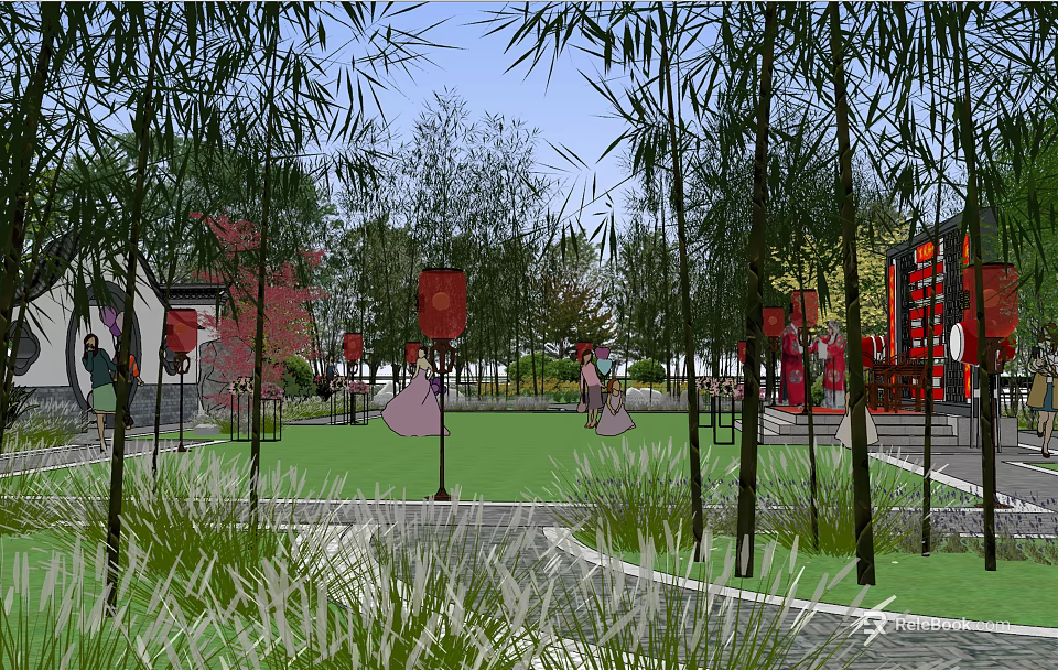 Traditional Square Landscape With Green Lawn Red Lanterns Bamboo Trees And Stone Pathways 3d model 