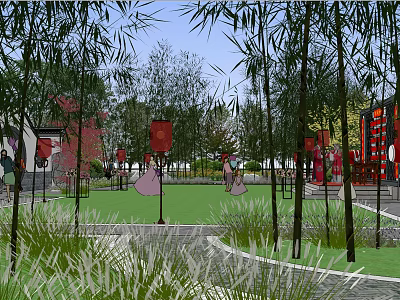 Traditional Square Landscape With Green Lawn Red Lanterns Bamboo Trees And Stone Pathways 3d model