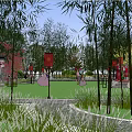 Traditional Square Landscape With Green Lawn Red Lanterns Bamboo Trees And Stone Pathways