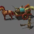 Horse Drawn Carriage with Red Mane Horse Loaded with Bags Barrels and Blue Cloth