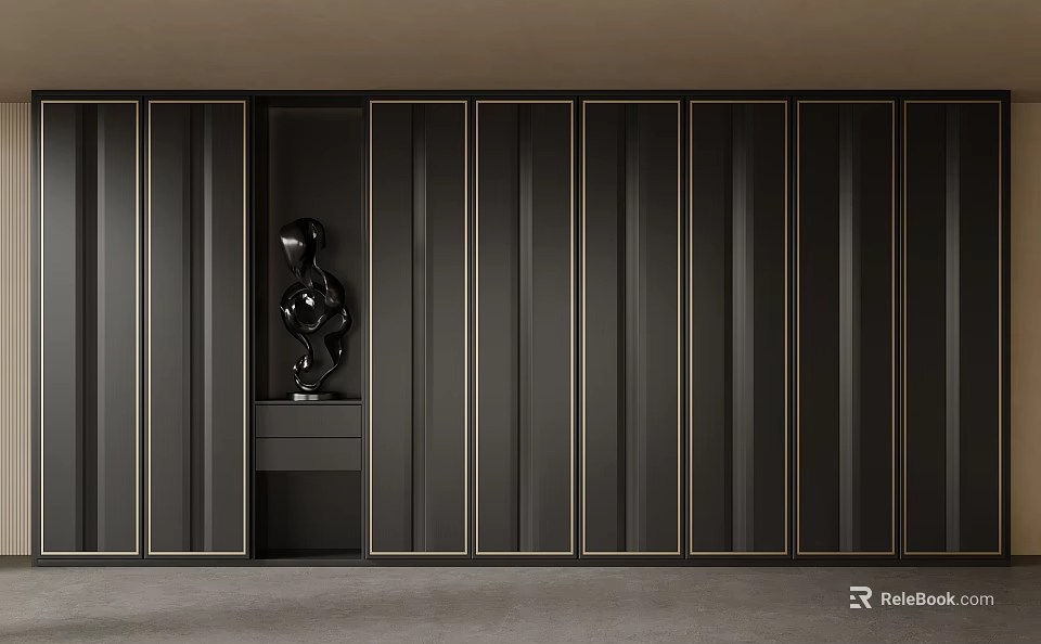 Modern Elegant Decorative Cabinet With Black Finish And Gold Accents Sculpture Decor 3d model 