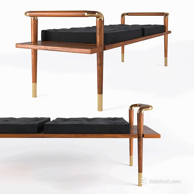 Modern Sofa Bench With Black Cushion Wooden Frame And Gold Metal Legs 3d model 