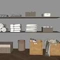 Woven and Lidded Storage Baskets on Wooden Floor with Grey Wall Shelves and Rolled Towels