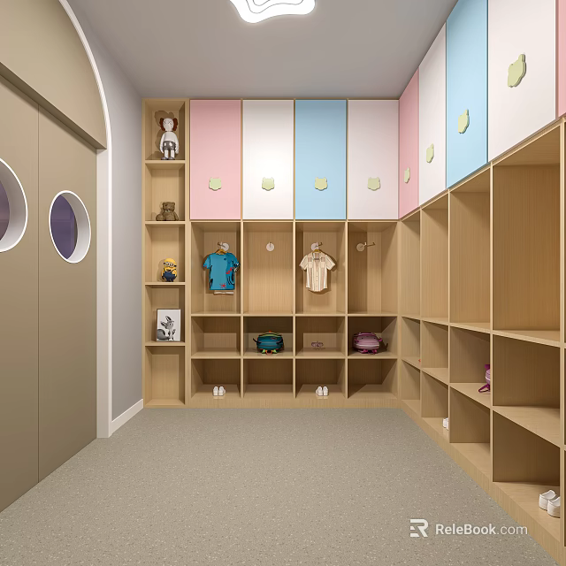 Kindergarten Storage Space With Colorful Lockers Circular Decorations Hanging Clothes Toys And Shoes 3d model 