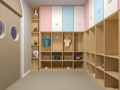 Kindergarten Storage Space With Colorful Lockers Circular Decorations Hanging Clothes Toys And Shoes 3d model