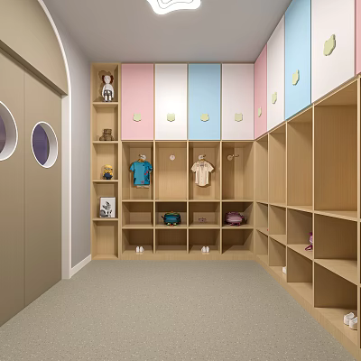 Kindergarten Storage Space With Colorful Lockers Circular Decorations Hanging Clothes Toys And Shoes 3d model