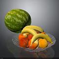 Fresh Watermelon With Mixed Fruits In Glass Bowl On Table Surface