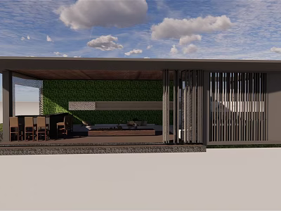 Modern Garden Landscape Design With Green Vertical Wall Wooden Slat Screens And Outdoor Seating 3d model