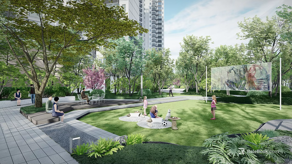 Residential Landscape with High Rise Buildings Lush Trees Open Lawn and People Enjoying Outdoor Fun 3d model 