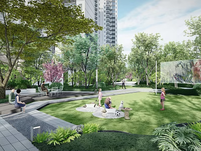 Residential Landscape with High Rise Buildings Lush Trees Open Lawn and People Enjoying Outdoor Fun 3d model