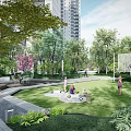 Residential Landscape with High Rise Buildings Lush Trees Open Lawn and People Enjoying Outdoor Fun
