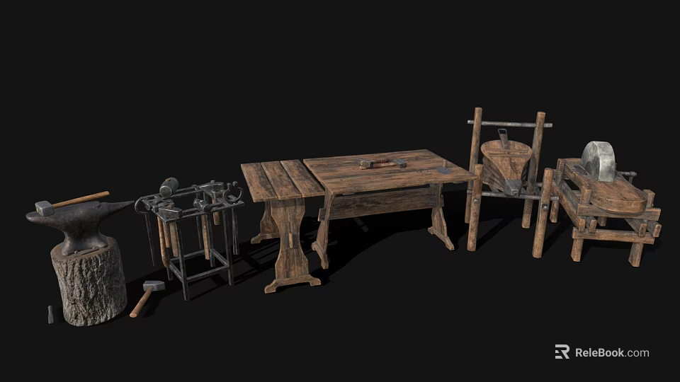 Vintage Metal Hardware Tools On Wooden Workbench With Hammer Anvil And Pliers 3d model 