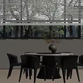 Modern Round Dining Table Set With Black Chairs Vase And Window Tree View 3d model