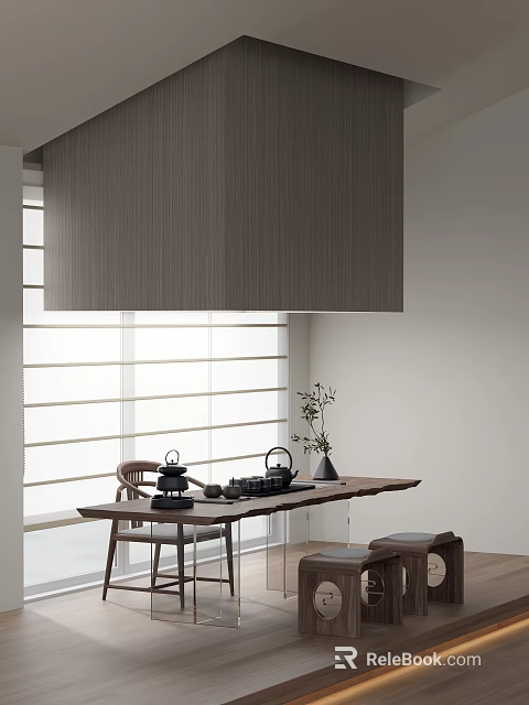 Natural Light Tea Table and Chairs by Window Blinds Wooden Tabletop Tea Set and Plant 3d model 