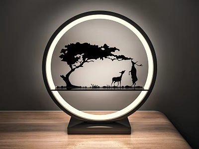 Decorative Ornament Set with Circular Illuminated Ring and Silhouette Tree Deer Figure on Wooden Tabletop 3d model