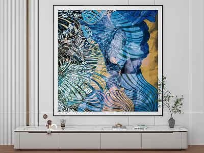 Abstract Wall Art With Blue Yellow Wave Patterns In Modern Living Room Decor 3d model