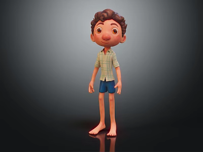 Cartoon Boy Character With Brown Hair Plaid Shirt Blue Shorts Standing Barefoot On Black Background 3d model