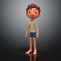 Cartoon Boy Character With Brown Hair Plaid Shirt Blue Shorts Standing Barefoot On Black Background