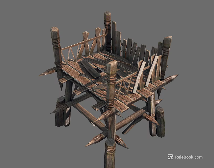Ancient Wooden Defensive Tower Structure With Crossed Beams And Spiked Base Design 3d model 