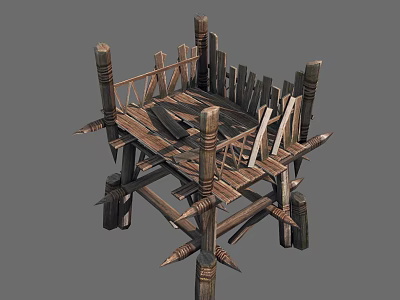 Ancient Wooden Defensive Tower Structure With Crossed Beams And Spiked Base Design 3d model