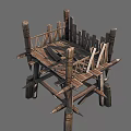 Ancient Wooden Defensive Tower Structure With Crossed Beams And Spiked Base Design