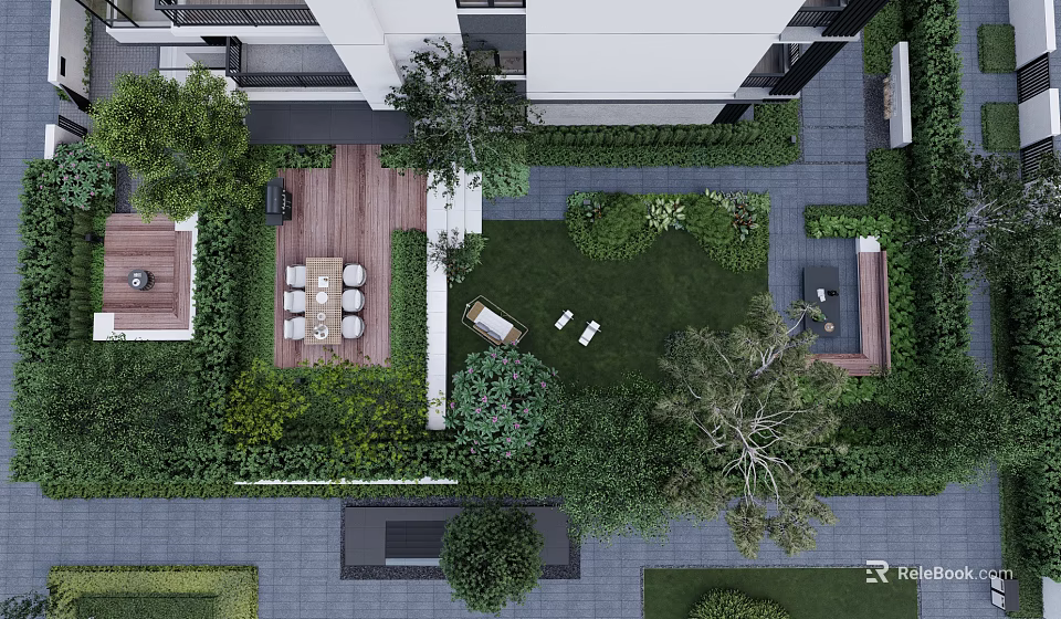 Courtyard Garden Design With Lush Greenery Lawn Seating Area And Wooden Deck 3d model 