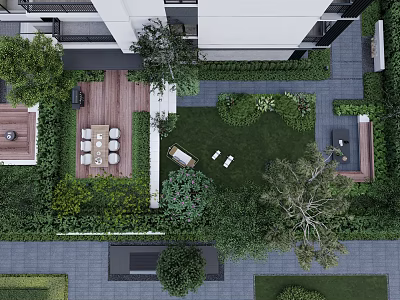 Courtyard Garden Design With Lush Greenery Lawn Seating Area And Wooden Deck 3d model