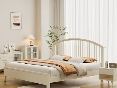 White Modern Double Bed With Bedding Pillows Nightstand Table Lamp And Green Plant In Bedroom 3d model