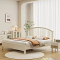 White Modern Double Bed With Bedding Pillows Nightstand Table Lamp And Green Plant In Bedroom