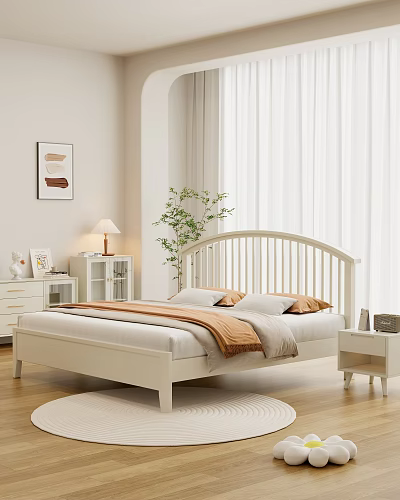 White Modern Double Bed With Bedding Pillows Nightstand Table Lamp And Green Plant In Bedroom 3d model